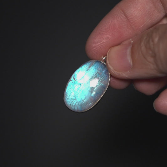 Large AAA Rainbow Moonstone Pendant 1 3/8" (.925 Sterling Silver)