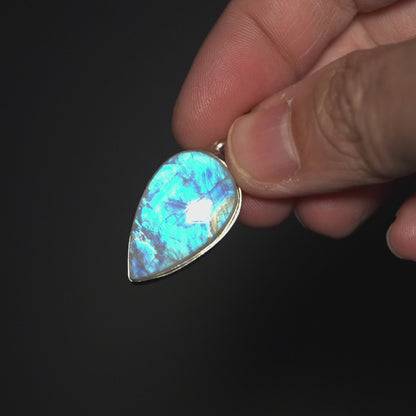 Large AAA Rainbow Moonstone Pendant 1 1/2" (.925 Sterling Silver)