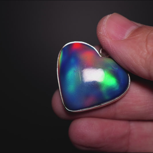 Aurora Opal Heart Pendant 1 3/8" (.925 Sterling Silver)