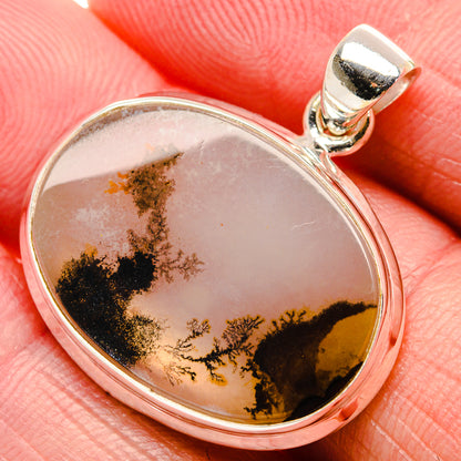 Oval dendritic agate pendant with polished 925 sterling silver bezel and top bail