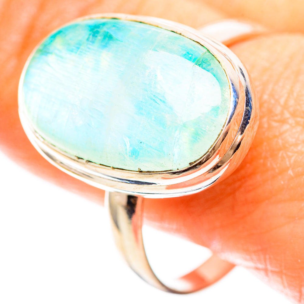 925 sterling silver oval moonstone ring with pale blue-green cabochon bezel