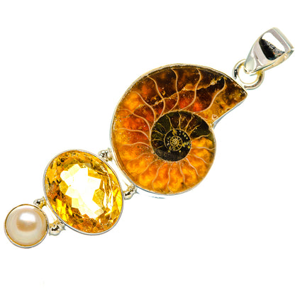 Ammonite Fossil, Citrine, Cultured Pearl Pendant 2" (925 Sterling Silver) PD36995