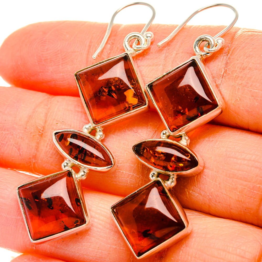 Amber and sterling silver drop earrings with square stones and oval dangles
