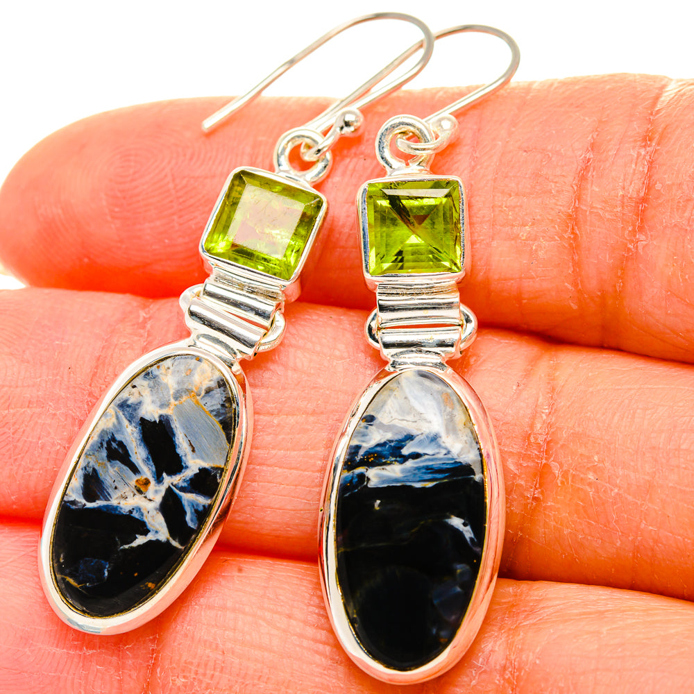 925 sterling silver drop earrings: square peridot with blue pietersite teardrop