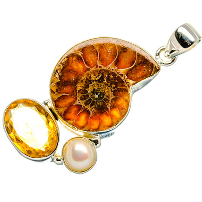 Ammonite Fossil, Citrine, Cultured Pearl Pendant 1 3/4" (925 Sterling Silver) PD37070