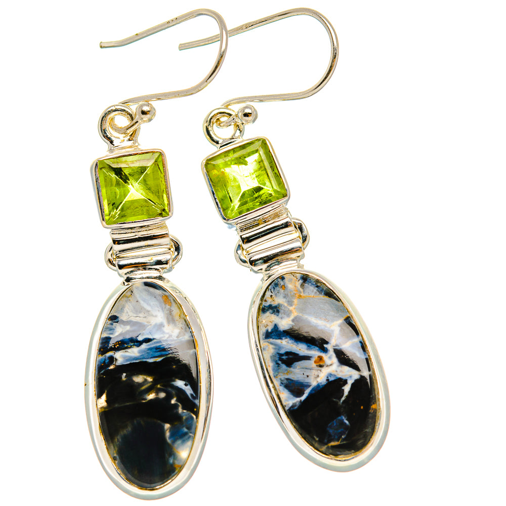 Sterling silver drop earrings with green peridot squares and blue pietersite teardrops