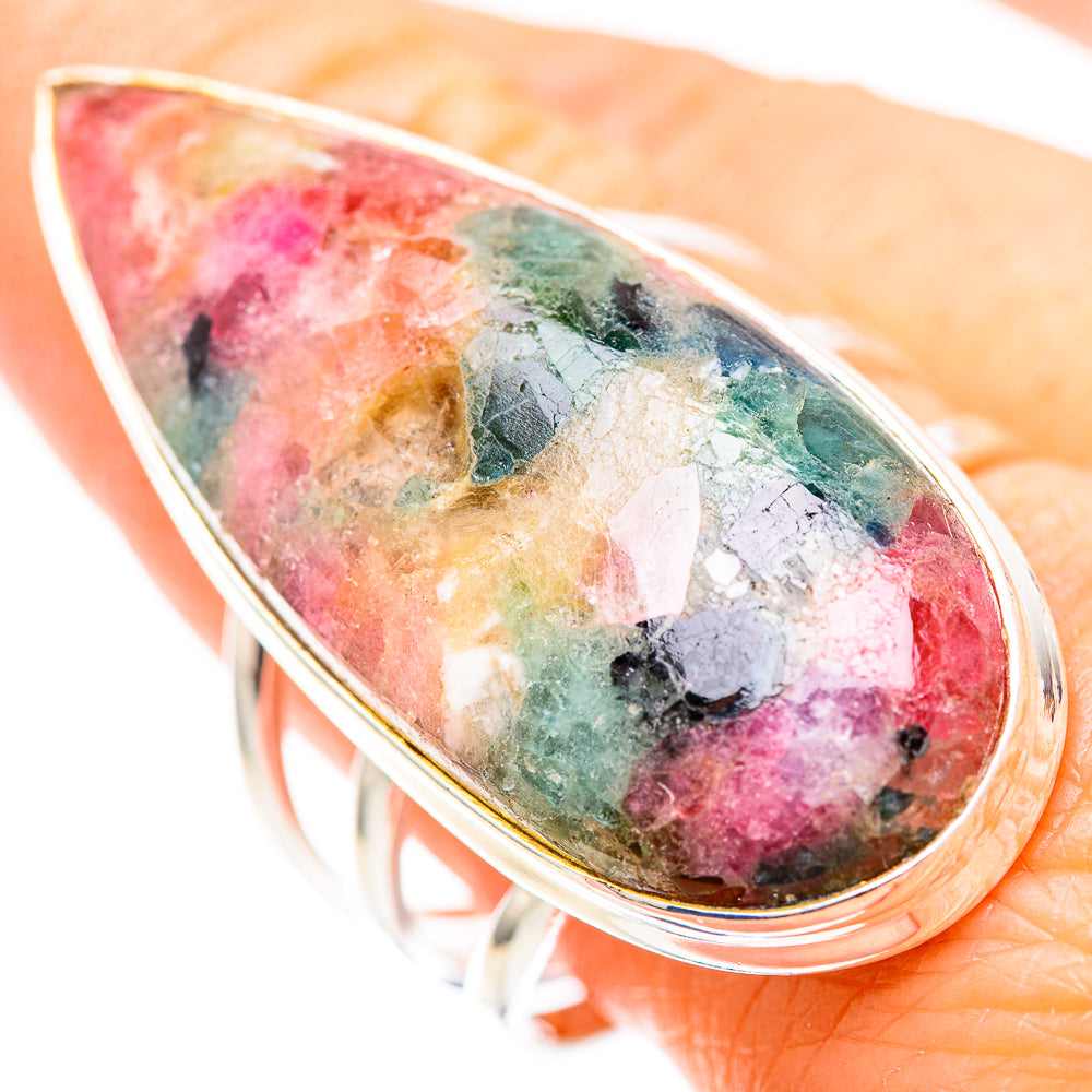 Sterling silver ring with pear-cut natural tourmaline, multicolor mottled stone face