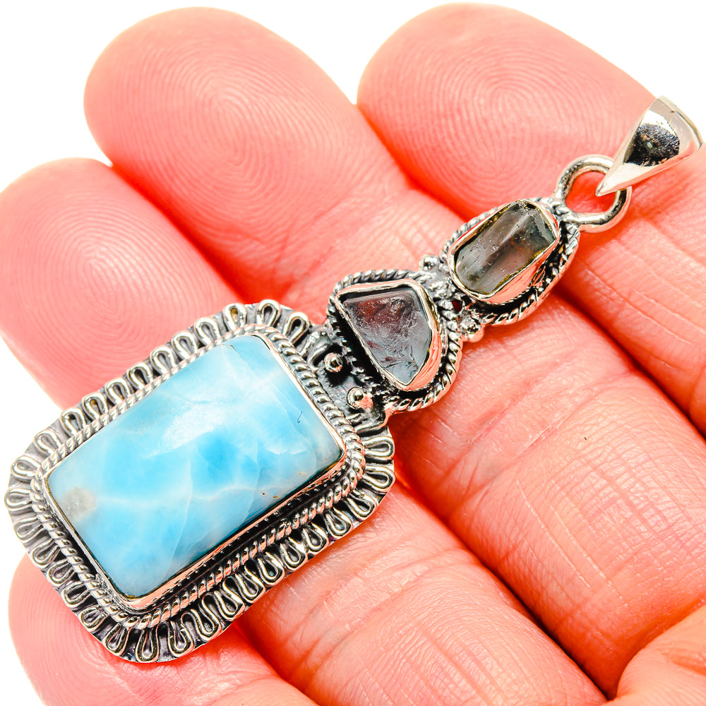 Larimar aquamarine pendant in ornate 925 sterling silver setting with bail