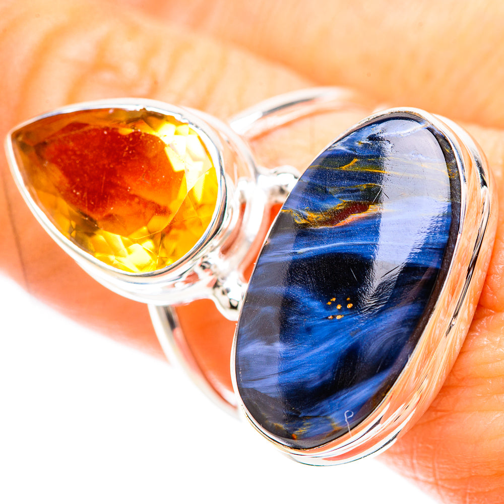 Sterling silver double-stone ring: teardrop citrine and blue pietersite, size 8.5