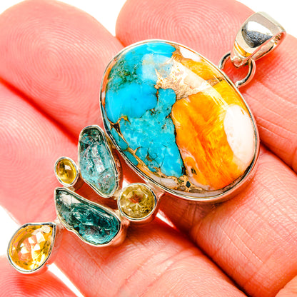 Spiny Oyster Turquoise, Apatite, Citrine Pendant 2 1/4" (925 Sterling Silver) PD36370