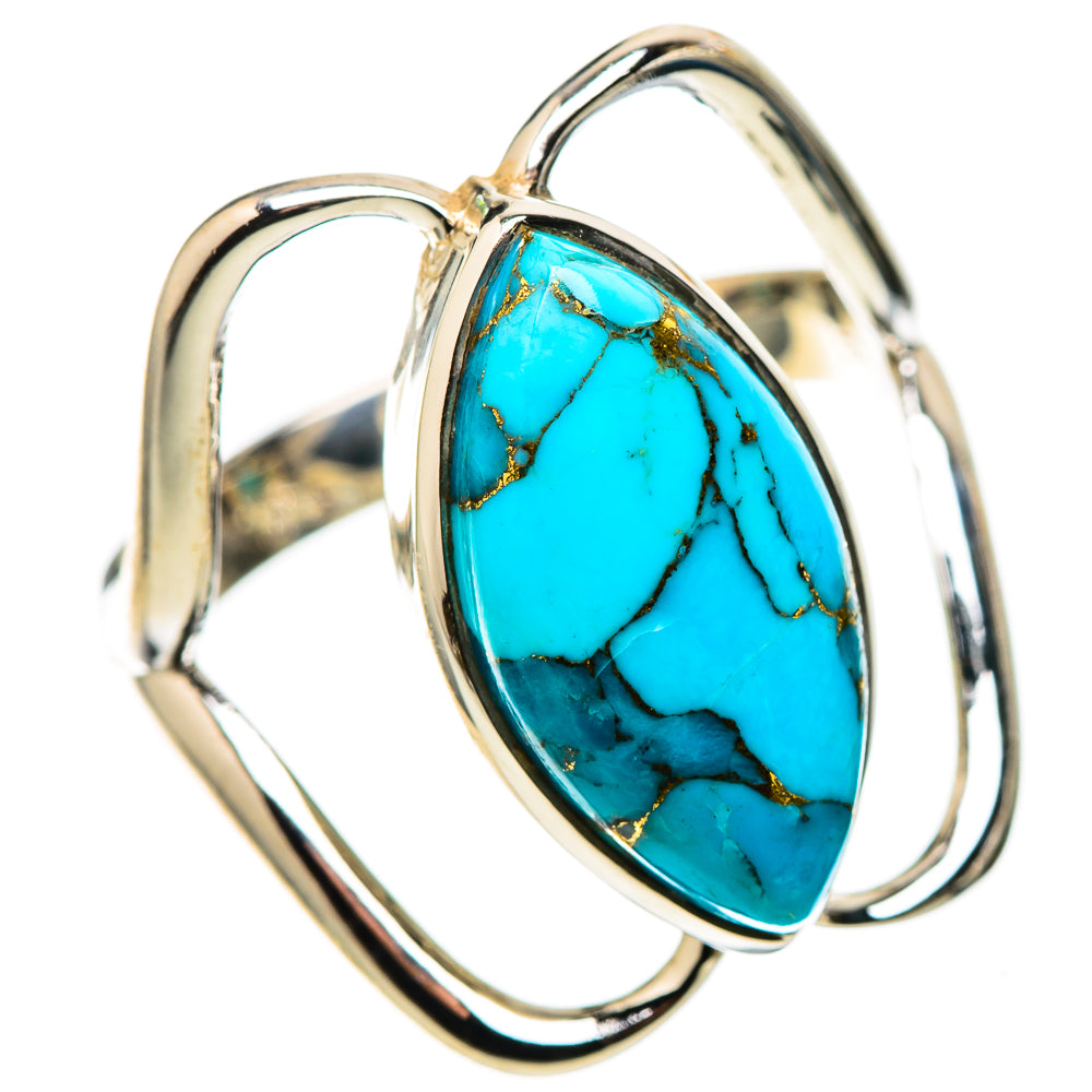 Turquoise oval cabochon sterling silver ring with gold-tone matrix, side view open shank