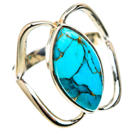 Turquoise oval cabochon sterling silver ring with gold-tone matrix, side view open shank
