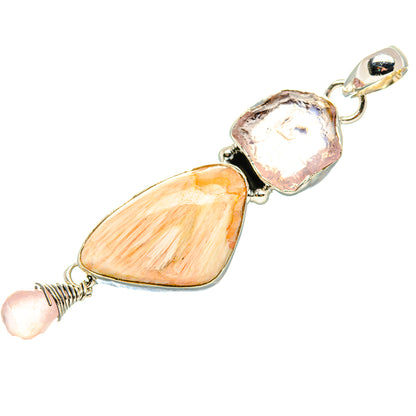 Sterling silver pendant with rough pink stone, pear-shaped peach stone, and rose quartz dangle