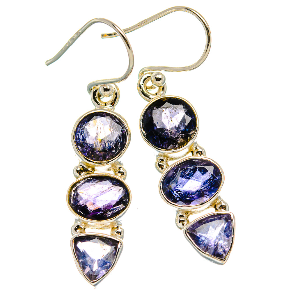 925 sterling silver dangling earrings with round and teardrop purple-blue gemstones