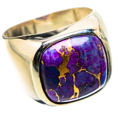 Sterling silver ring with oval purple copper composite gemstone, gold-toned matrix