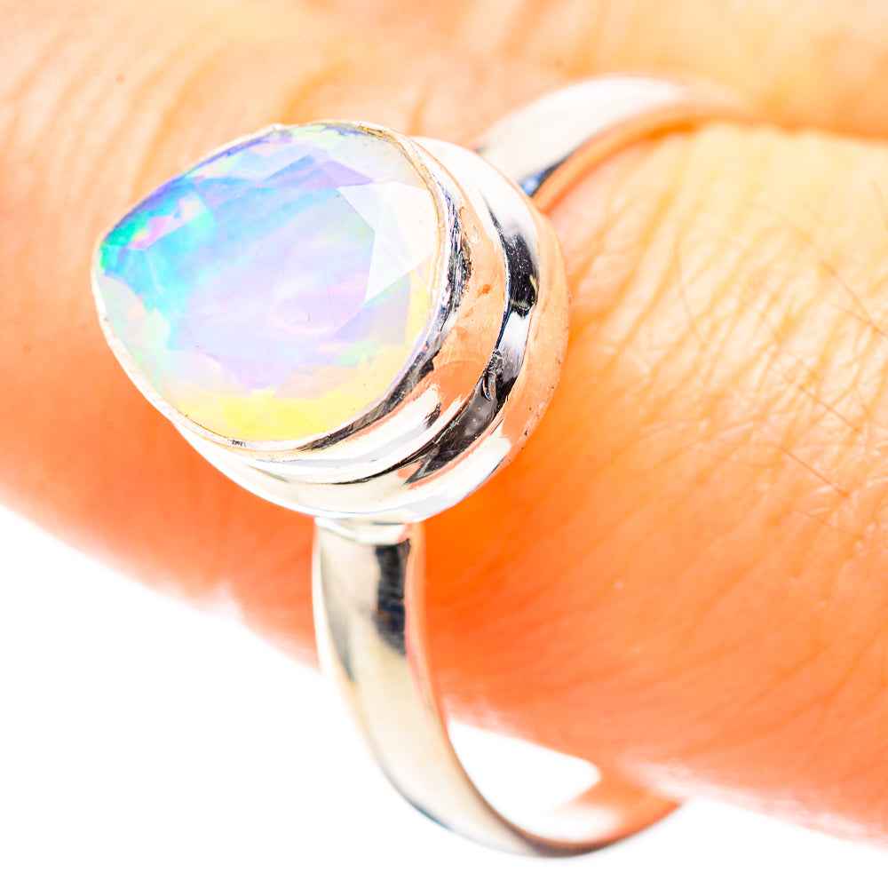 925 sterling silver ring with faceted Ethiopian opal, iridescent blue-green shimmer