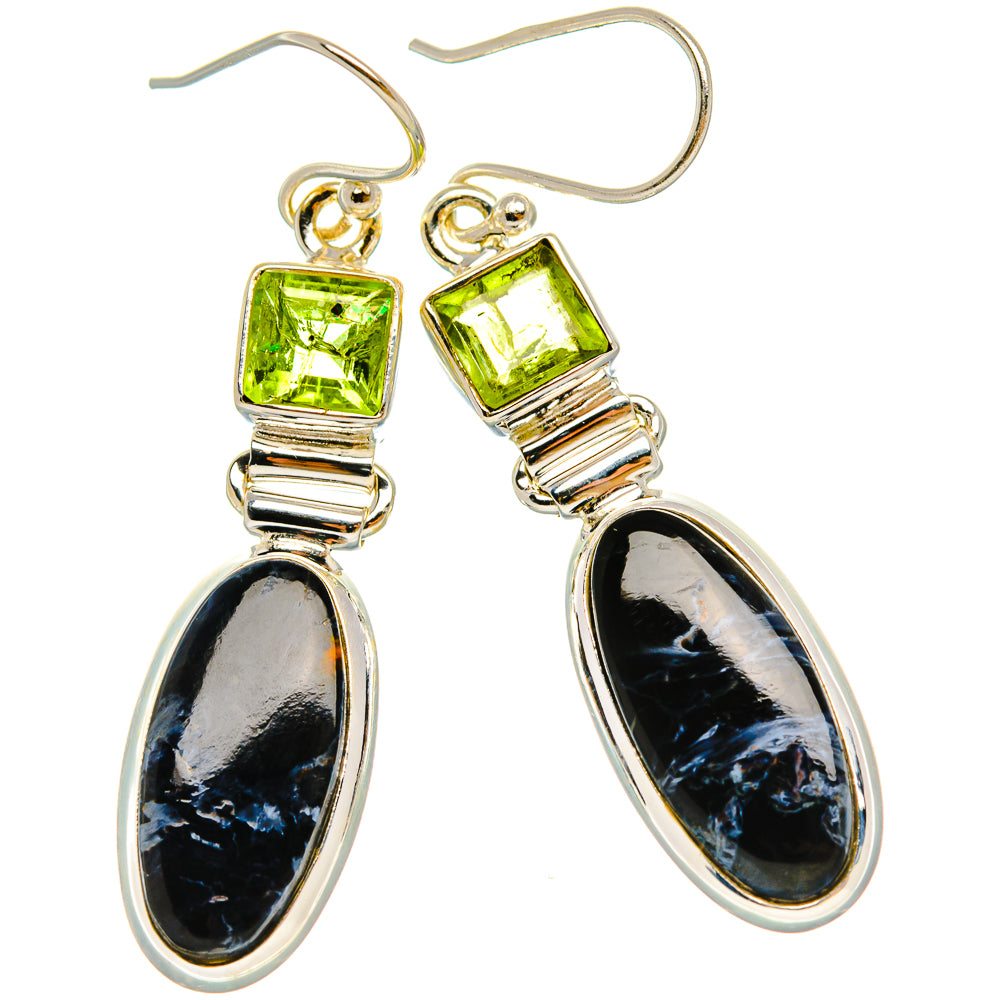 Silver fishhook drop earrings with green square tops and black oval teardrop stones