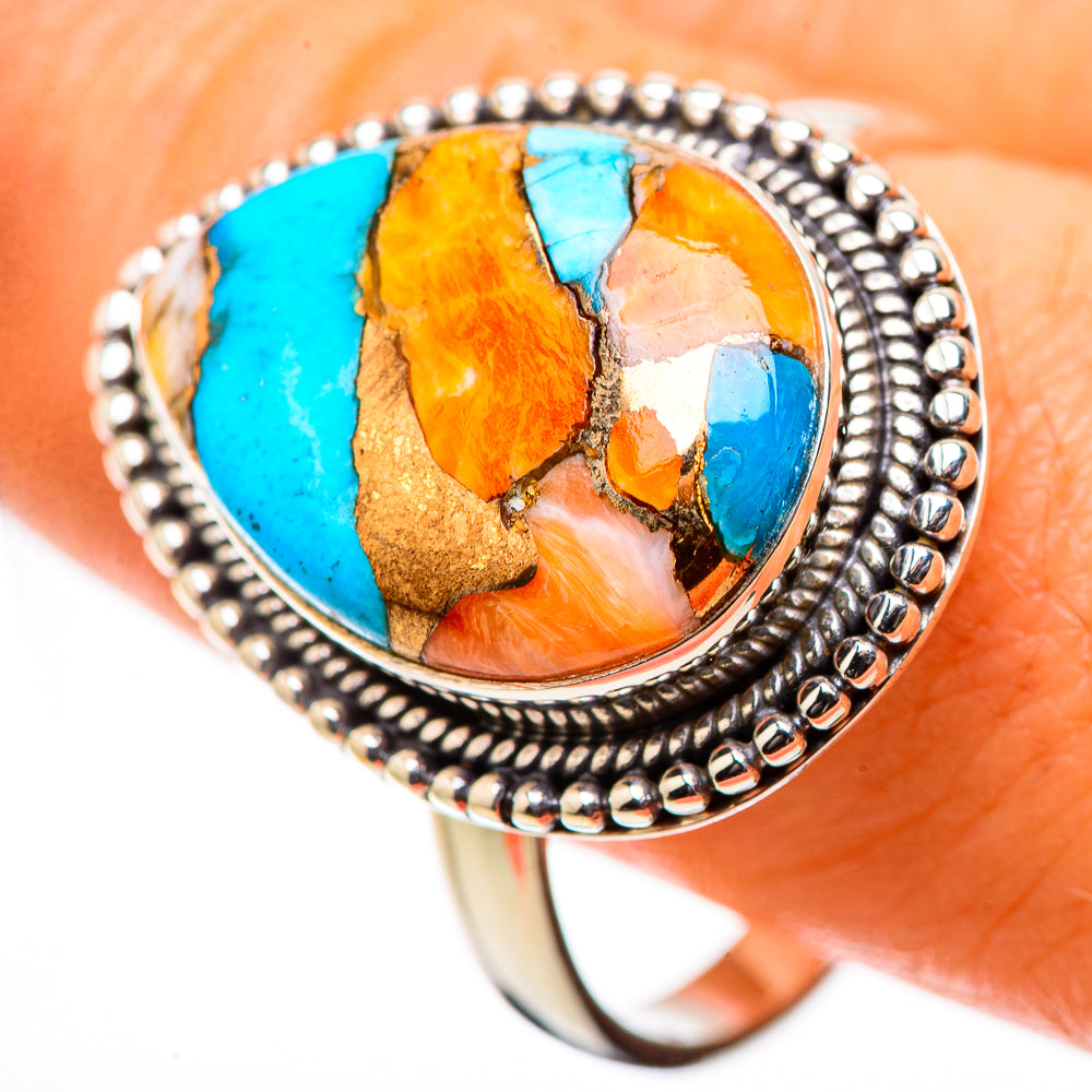 Sterling silver turquoise and orange spiny oyster oval ring with scalloped bezel