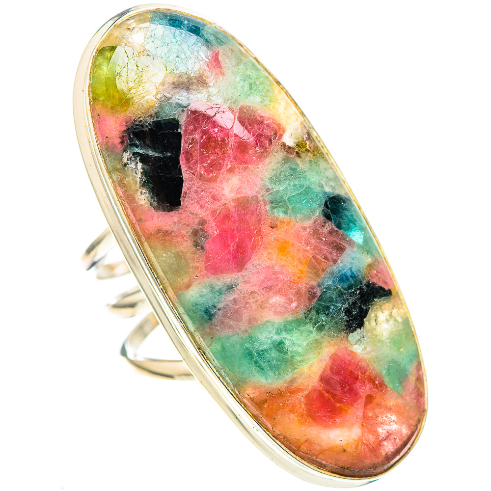 925 sterling silver tourmaline ring with oval bezel, multicolor stone angled side view