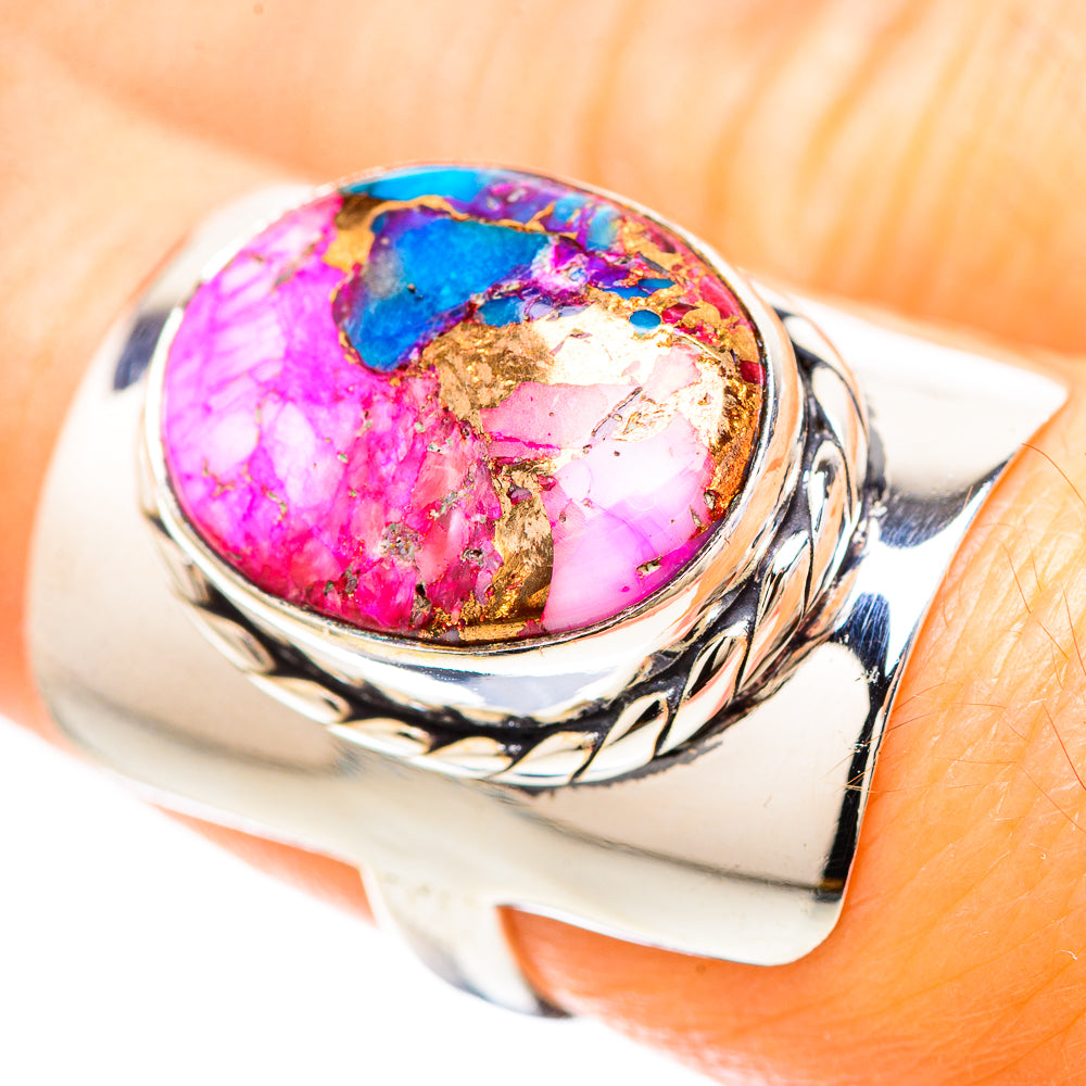 Sterling silver size 7 oval ring with bright pink and turquoise-blue inlay, braided edge