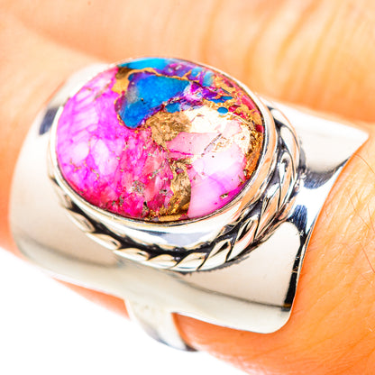 Sterling silver size 7 oval ring with bright pink and turquoise-blue inlay, braided edge