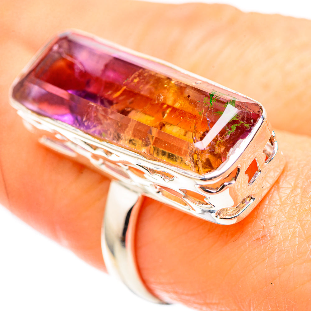 Sterling silver ring with large rectangular faceted ametrine stone, orange and purple