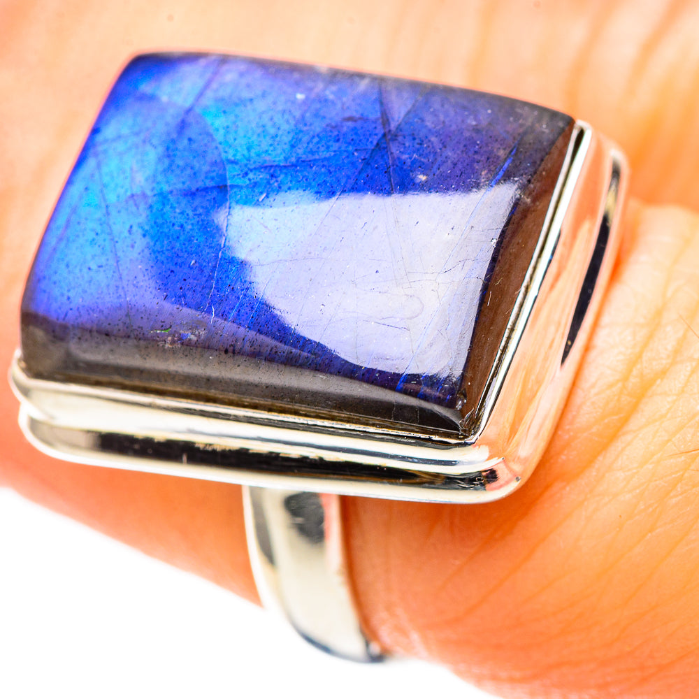 Sterling silver ring with rectangular labradorite gemstone, blue flash and polished edges.