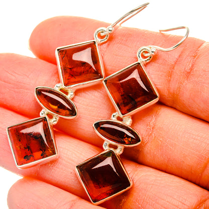 Amber and silver dangle earrings with geometric squares and marquise stones, 925 hooks