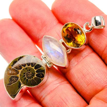 Ammonite Fossil, Rainbow Moonstone, Citrine Pendant 2 3/8" (925 Sterling Silver) PD37431