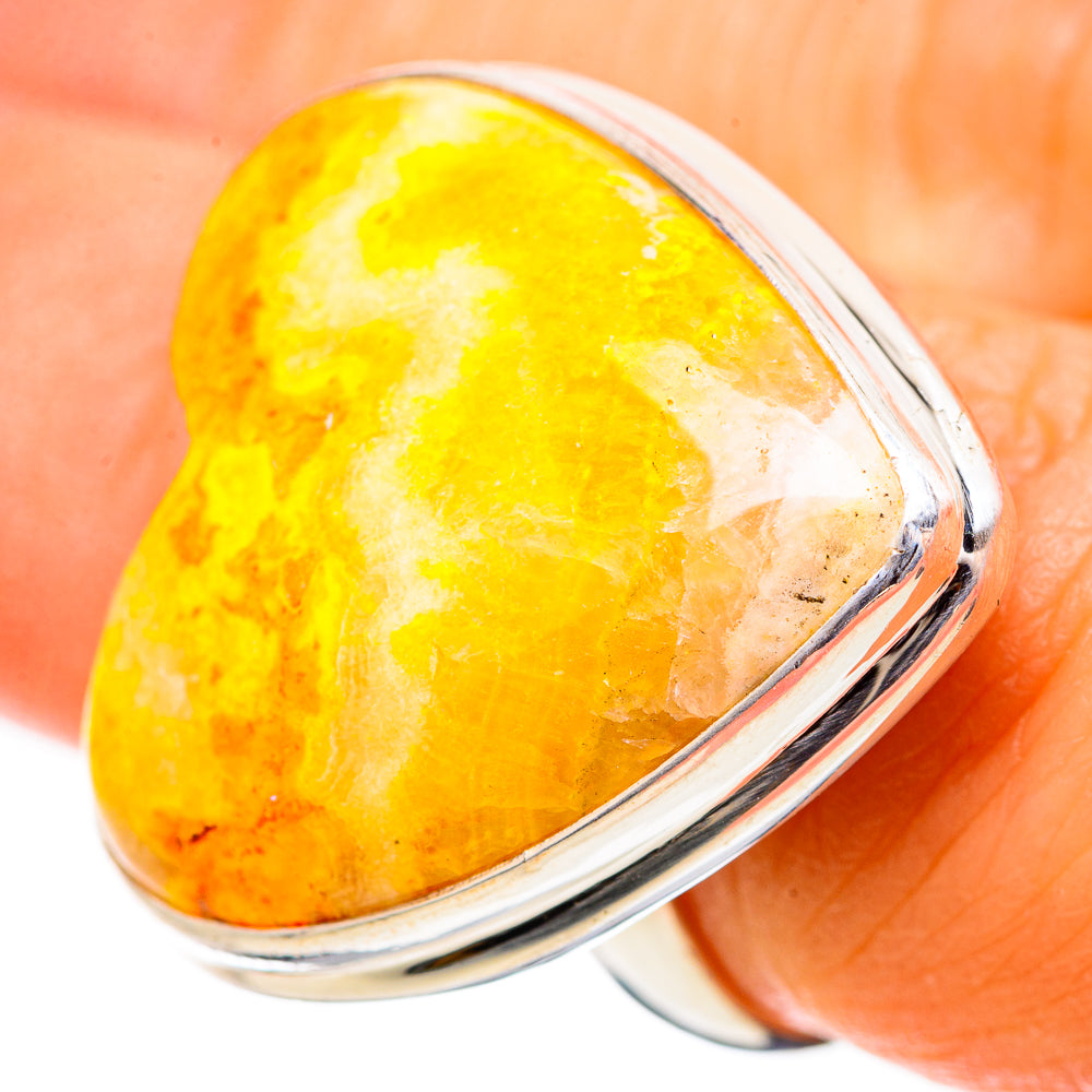 Sterling silver ring with large heart-shaped yellow mookaite stone and polished band