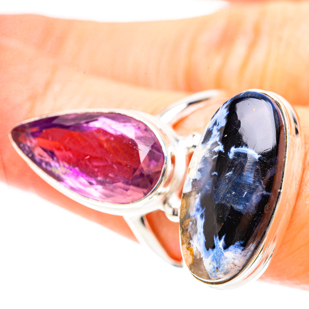 Sterling silver ring with large teardrop amethyst and oval blue pietersite stones