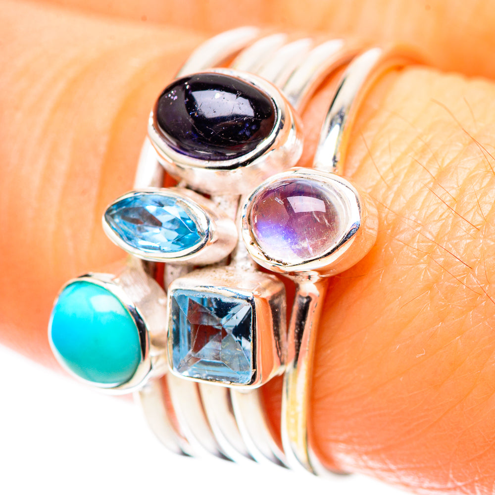 Sterling silver ring with black onyx, blue topaz, purple amethyst, turquoise and blue square stone