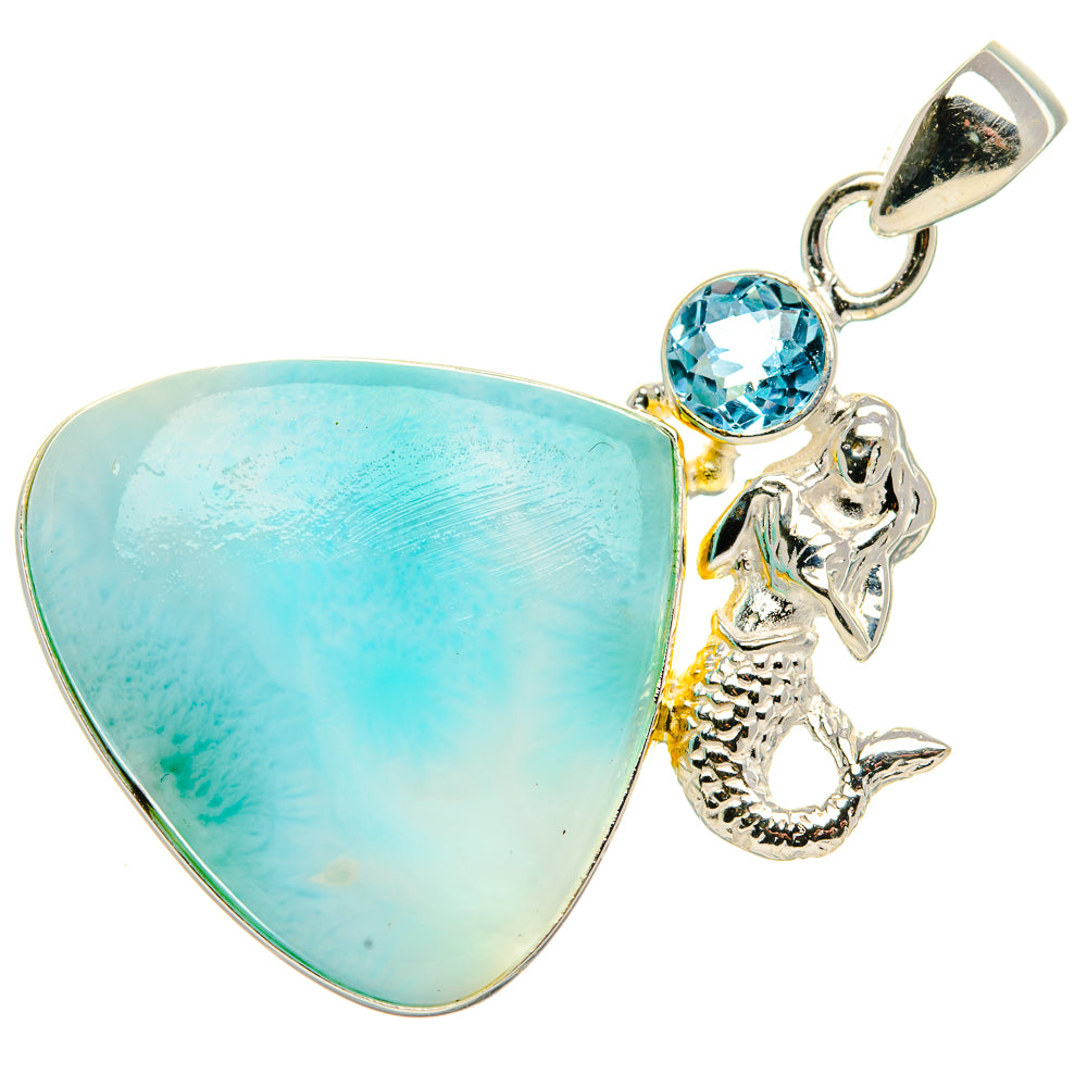 Sterling silver pendant with turquoise-blue triangle cabochon, blue round stone, seahorse