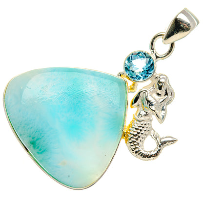 Sterling silver pendant with turquoise-blue triangle cabochon, blue round stone, seahorse