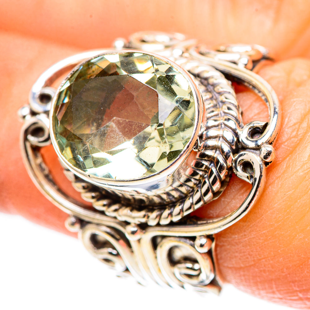 925 sterling silver ring with faceted green amethyst and ornate filigree setting
