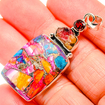 Kingman Pink Dahlia Turquoise, Pink Tourmaline, Garnet Pendant 2" (925 Sterling Silver) PD36288