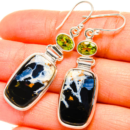 Sterling silver dangle earrings with green peridot and pietersite oval stones