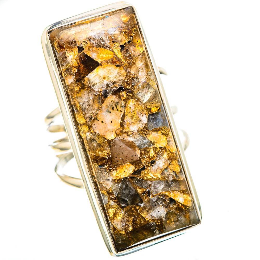 925 sterling silver ring with large rectangular labradorite, amber and gray mottled look