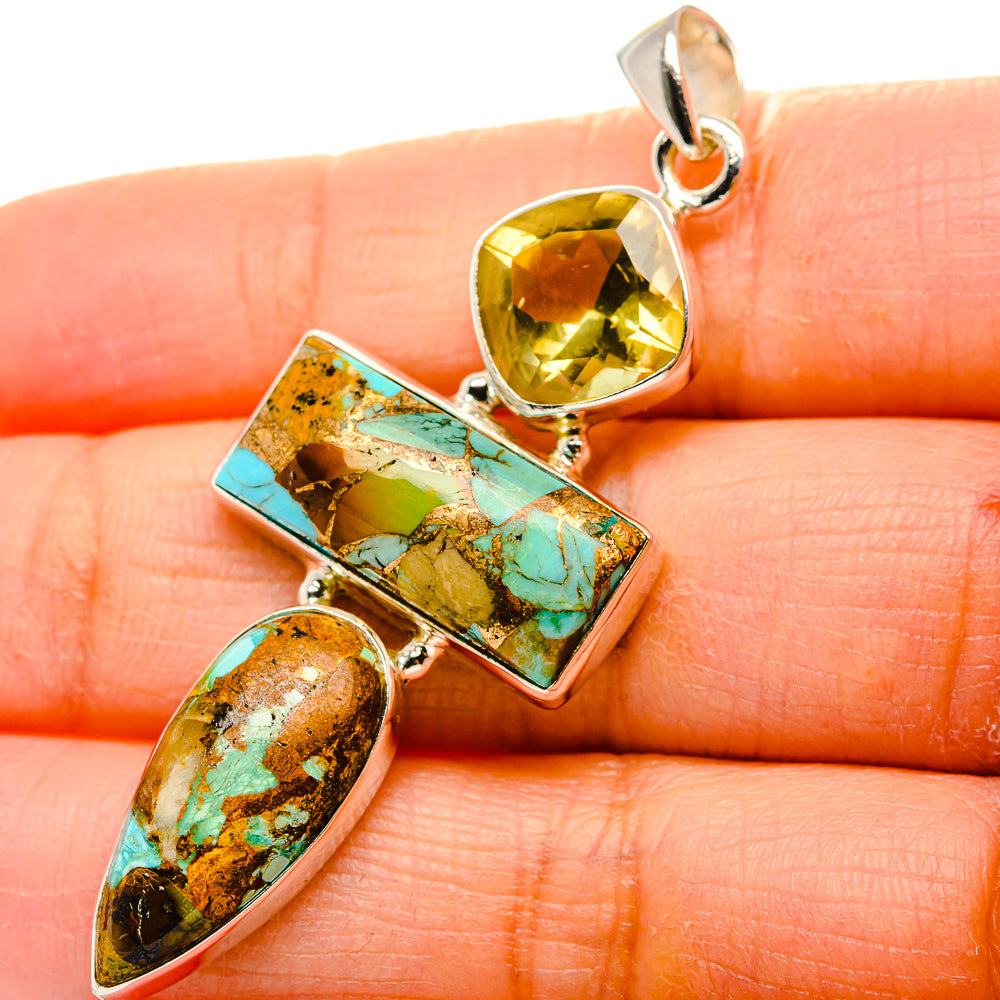Turquoise and citrine gemstone pendant in 925 sterling silver, marquise and oval bezels