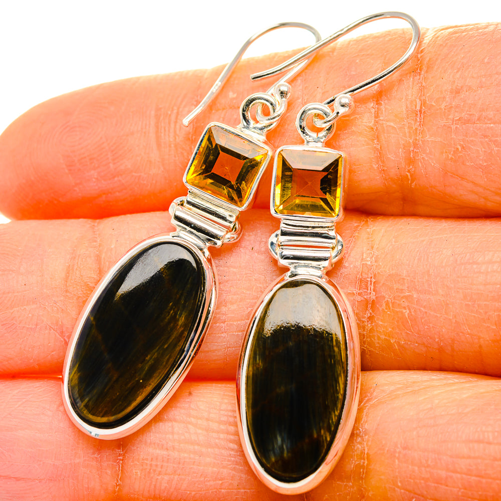 Sterling silver drop earrings with yellow square citrine and dark oval pietersite stones