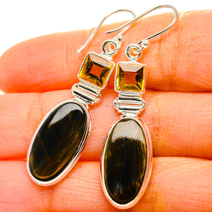 Sterling silver drop earrings with yellow square citrine and dark oval pietersite stones