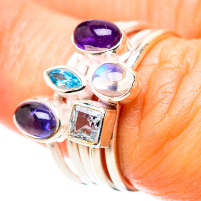 Sterling silver gemstone ring with purple amethyst ovals, blue topaz, and iridescent moonstone