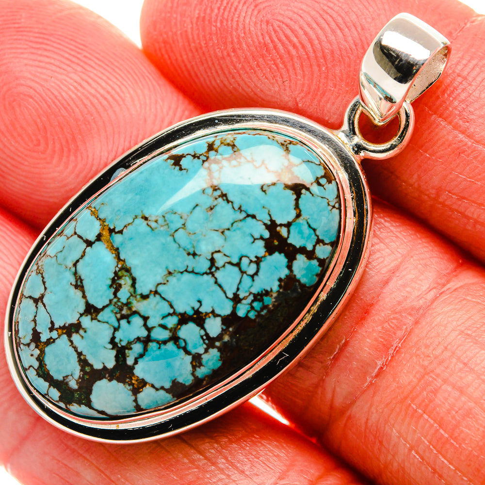 Turquoise oval pendant with black veining, 925 sterling silver bezel and bail