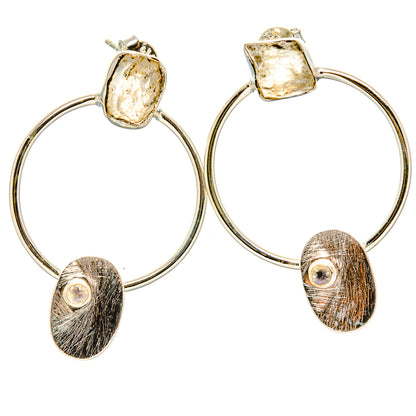 925 sterling silver hoop earrings with rough moonstone cabochon and oval textured drops