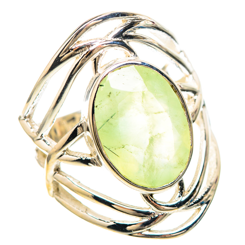 Sterling silver ring with oval pale green prehnite gemstone and swirling band