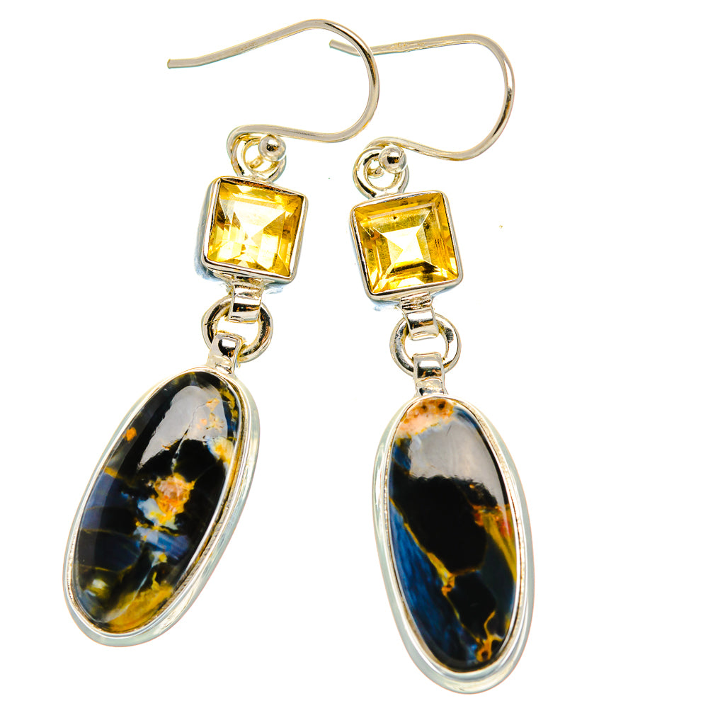 Dangle earrings with square yellow citrine tops and oval blue-gold pietersite drops