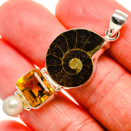Ammonite Fossil, Citrine, Cultured Pearl Pendant 2" (925 Sterling Silver) PD37150