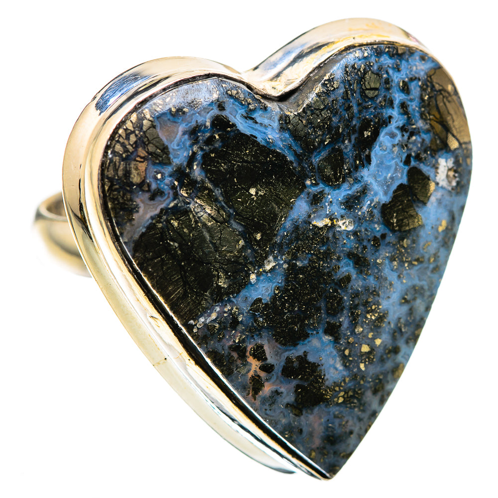 Heart-shaped blue pyrite stone ring with polished silver setting