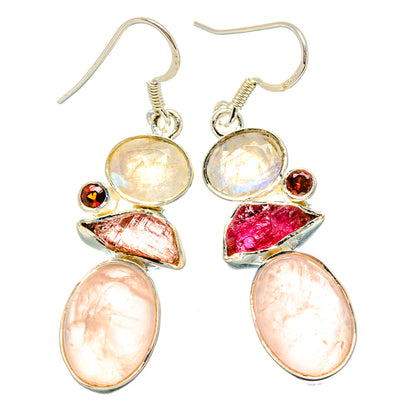 Rose Quartz, Pink Tourmaline, Garnet Earrings 1 7/8" (925 Sterling Silver) EARR431485