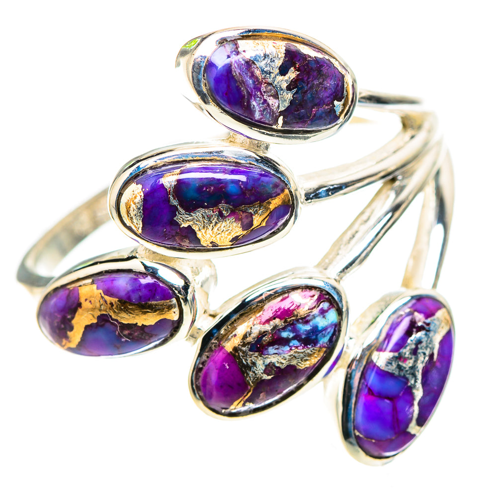 Sterling silver ring with four oval purple turquoise cabochons and curved band, side view